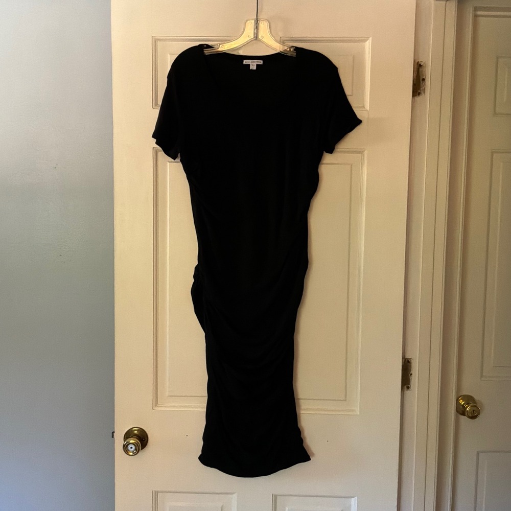 James Perse Black Side Ruched Midi Bodycon Dress XL LBD Minimalist Chic
